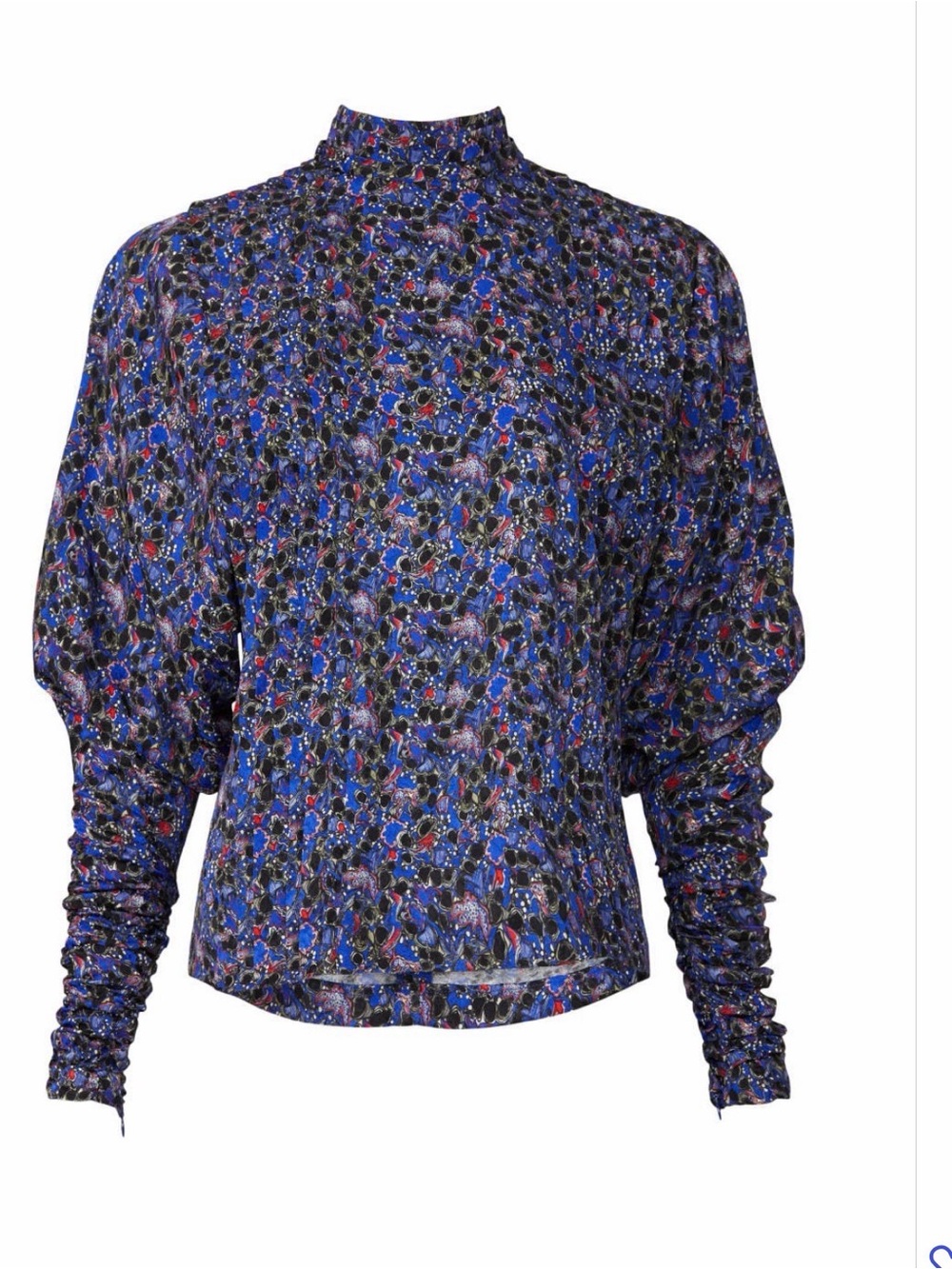 HUNTER BELL Blue Multi-Print High Neck Ruched Sleeve Blouse